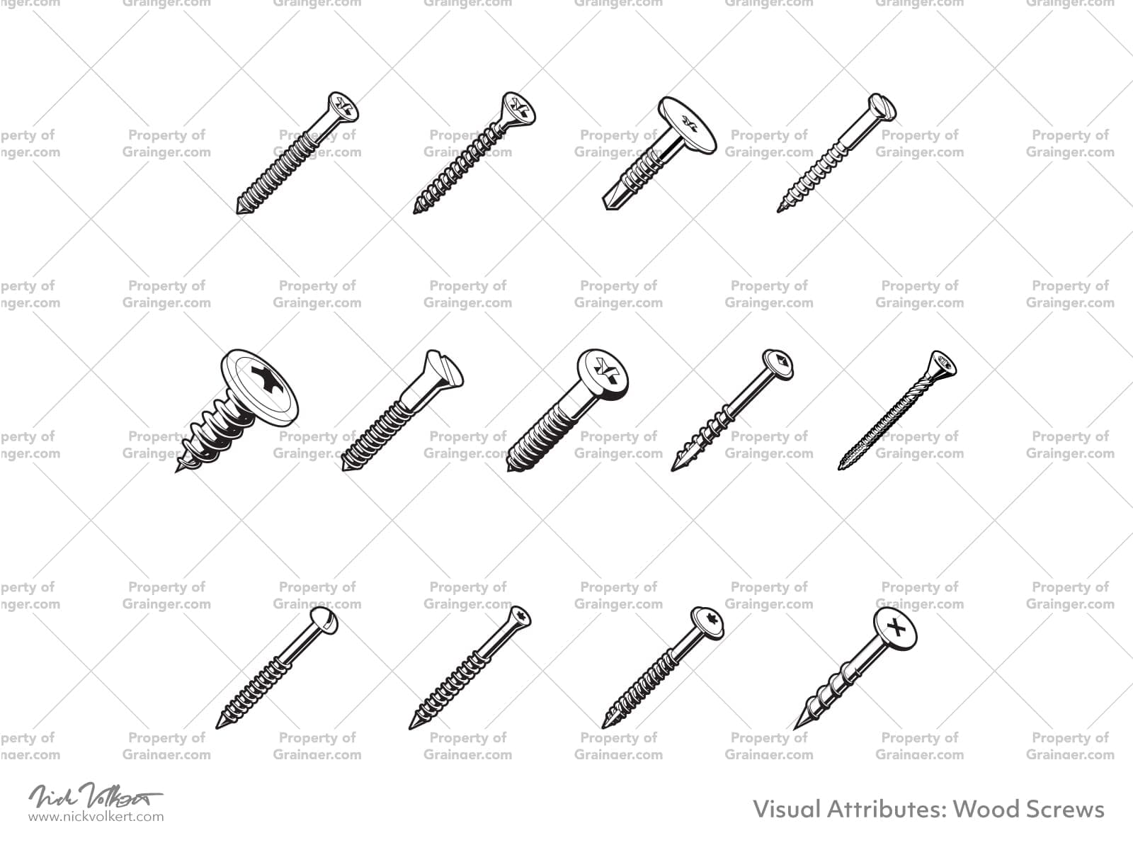 A selection of technical line art drawings of types of wood screws at different scales in grayscale for search and browse graphic for Grainger dot com.