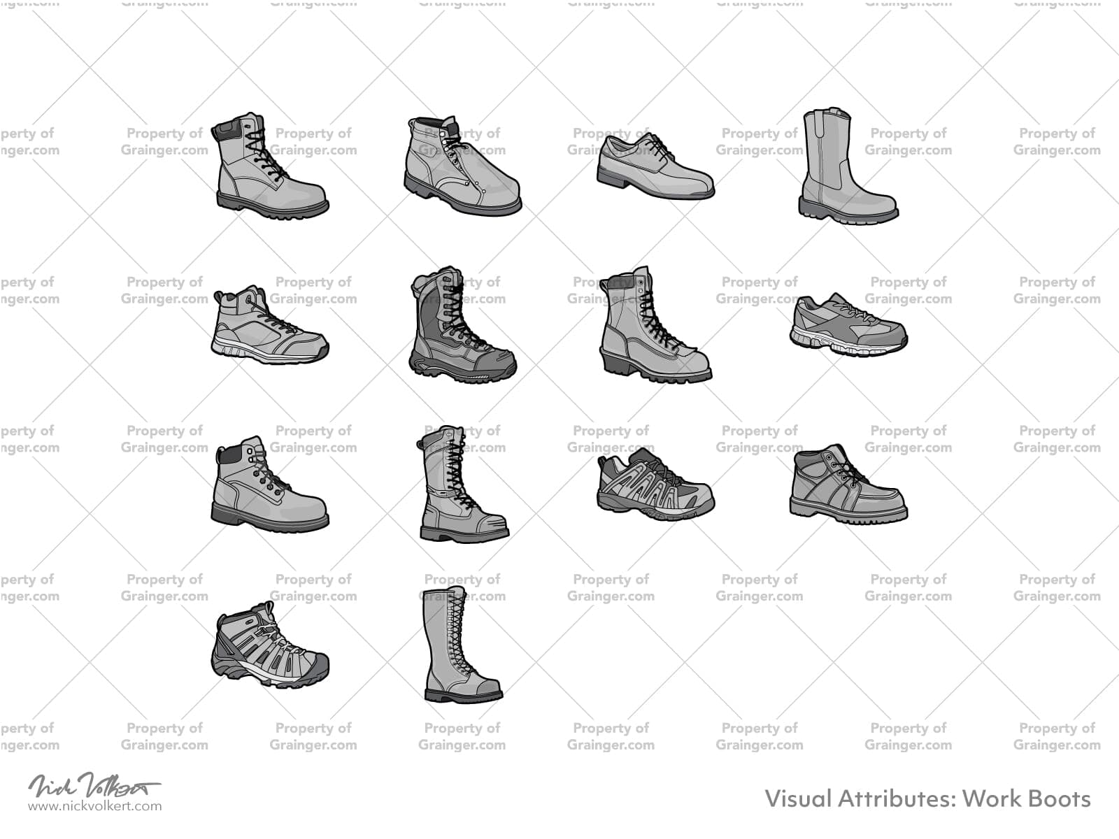 A selection of technical line art drawings of work boots in grayscale for search and browse graphic for Grainger dot com.