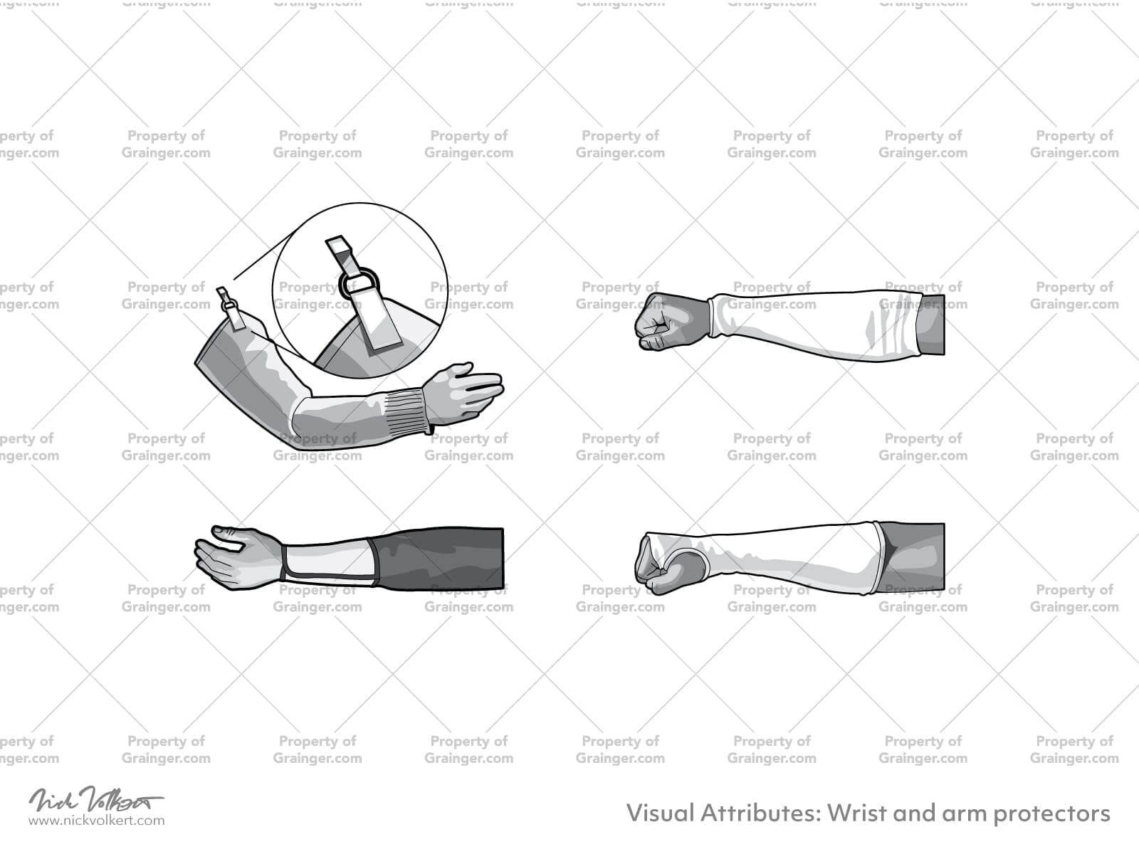 A selection of technical line art drawings of various arm protectors in grayscale for search and browse graphic for Grainger dot com.