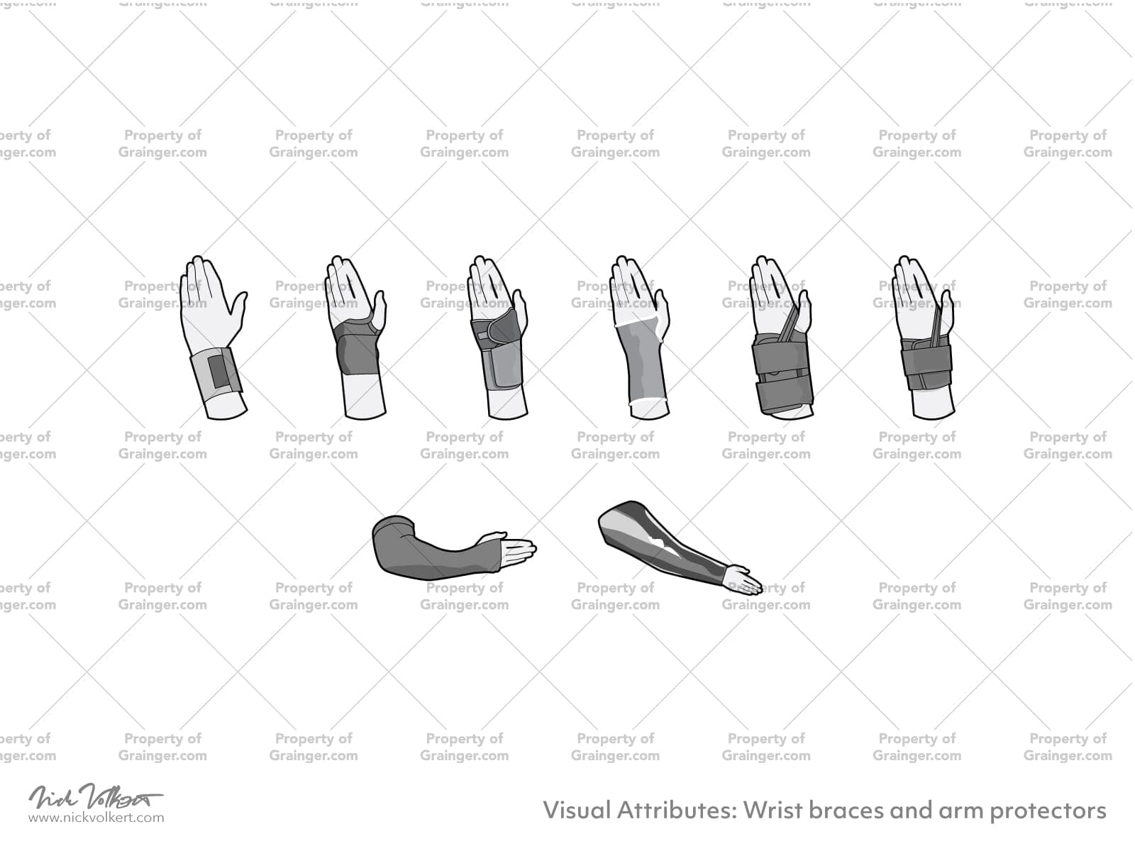 A selection of technical line art drawings of wrist protection in grayscale for search and browse graphic for Grainger dot com.
