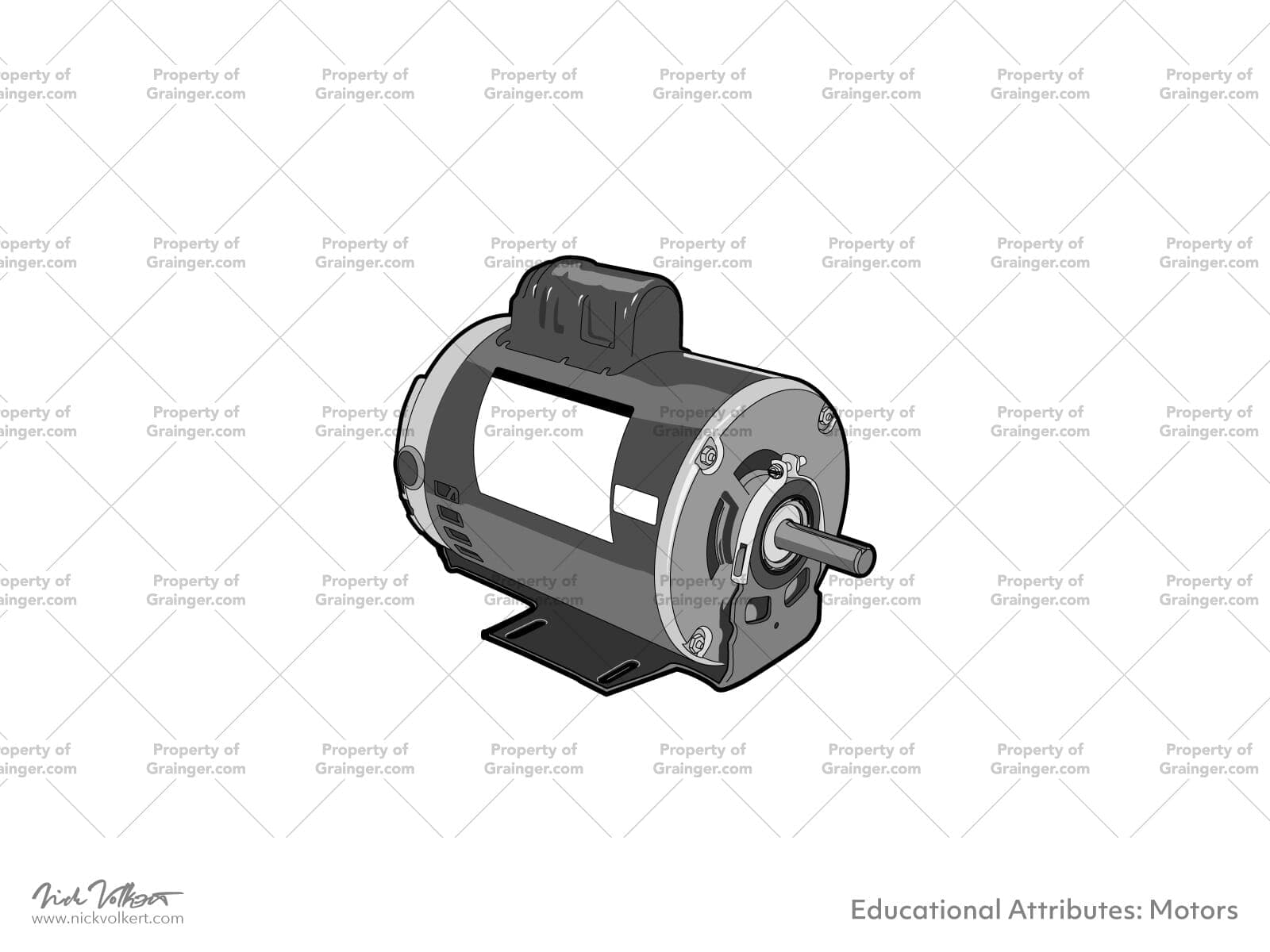 A selection of a technical line art drawing of a small motor in grayscale for search and browse graphic for Grainger dot com.