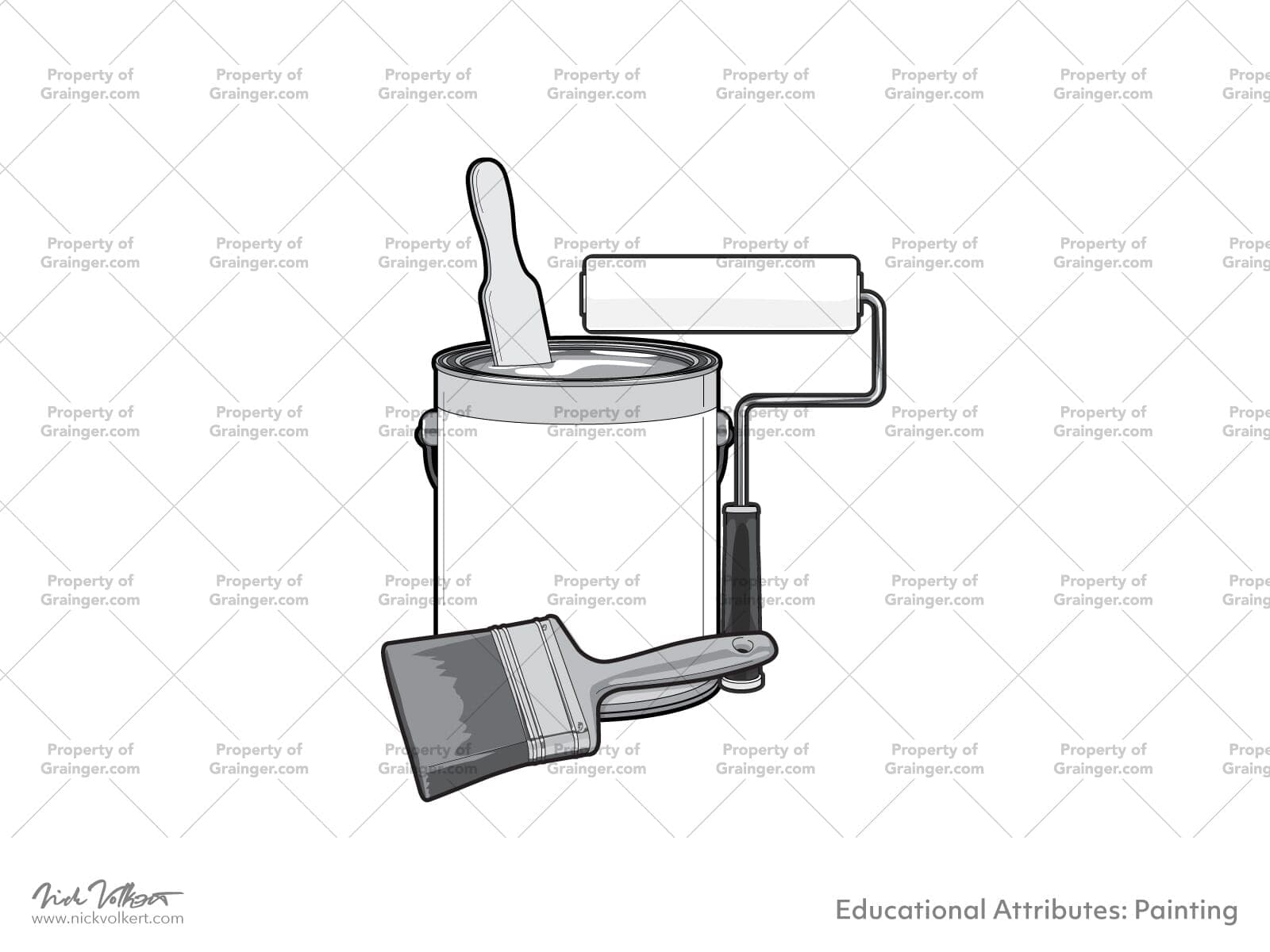 A selection of a technical line art drawing of a collection of painting supplies in grayscale for search and browse graphic for Grainger dot com.