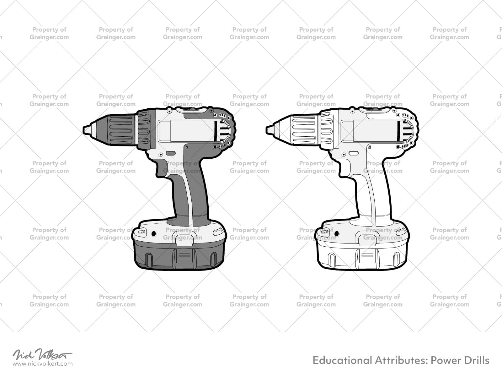 A selection of a technical line art drawings of identical power drills in grayscale for search and browse graphic for Grainger dot com.