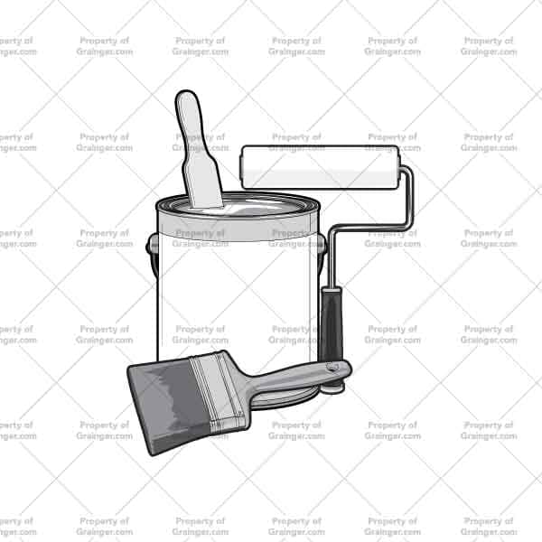 A selection of a technical line art drawing of a collection of painting supplies in grayscale for search and browse graphic for Grainger dot com.