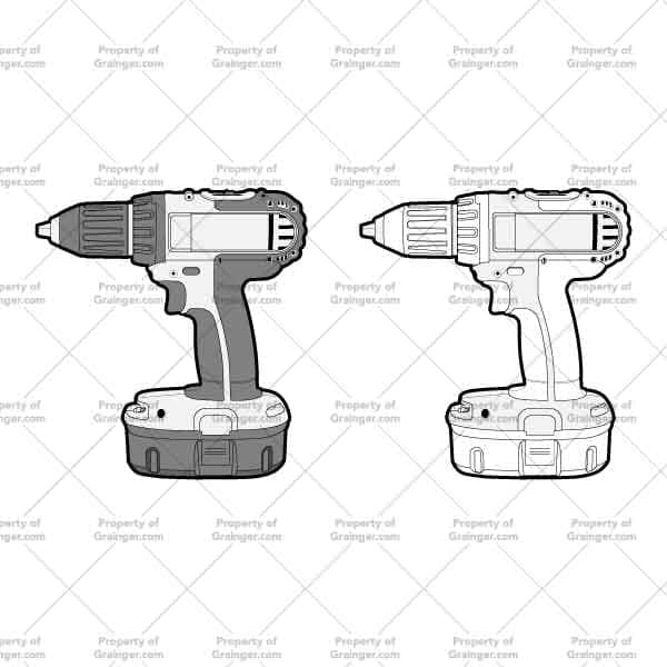 A selection of a technical line art drawings of identical power drills in grayscale for search and browse graphic for Grainger dot com.