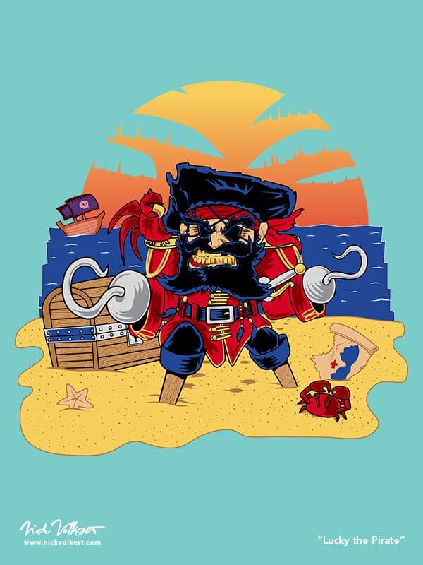 A pirate with bad luck has two hooks, two peg legs and two eyepatches.