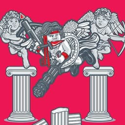 A cupid statue breaks away from its pedastal sporting a mini gun.
