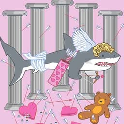 A shark dressed as cupid surrounded by assorted Valentines chocolates and gifts.