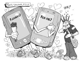Two PDAs show each other PDA, while the writer holds back vomit.