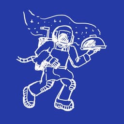 Aries Floating Server Astronaut Sketch | Nick Volkert An astronaut dressed as a server floats through space with a covered plat of food.