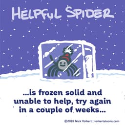 Frozen solid, helpful later | Nick Volkert Helpful Spider is at the ready with a flamethrower and an axe in case he needs to keep the New Year in line!