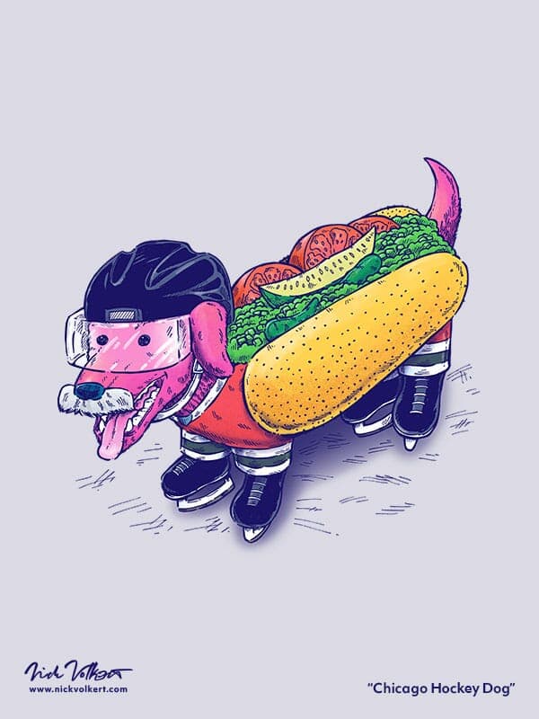 Chicago Hockey Dog | Nick Volkert A wiener dog with hockey gear on that is in Chicago colors, with a gray mustache and also a bun with chicago-style hot dog toppings.