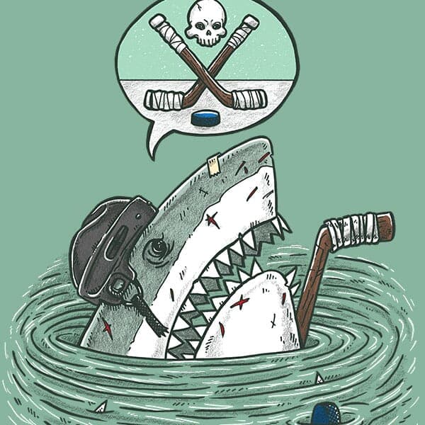 The Enforcer Shark | Nick Volkert A great white shark peeks out of the water all beat up from being a hockey goon.